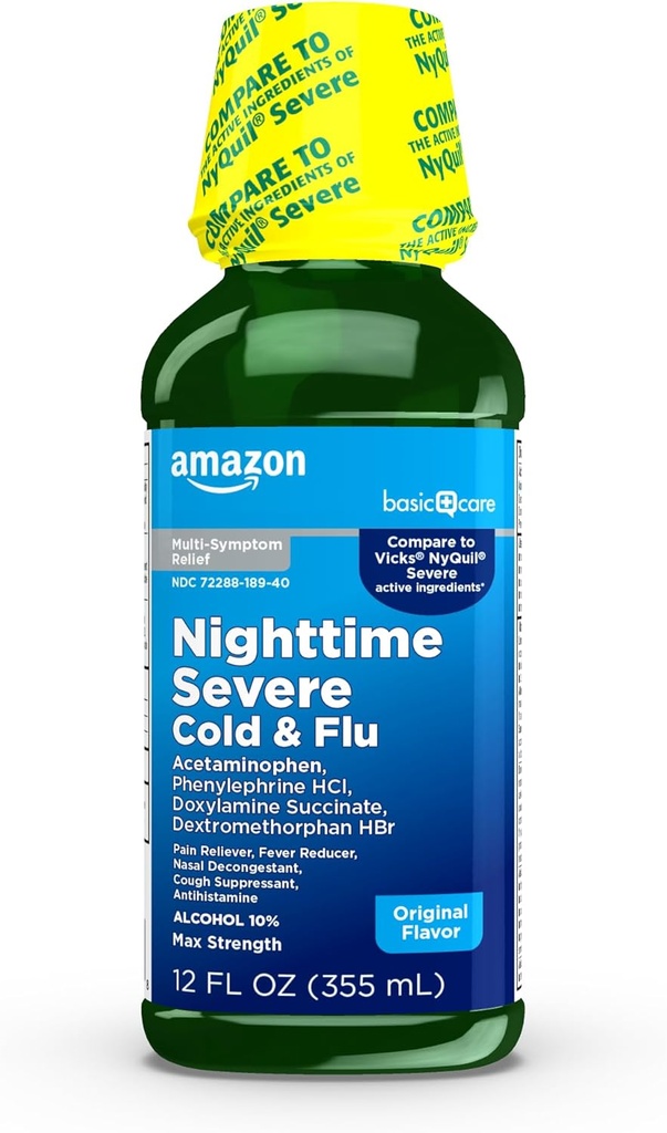 Îngrijire de bază Nighttime Severe Rece & Flu Liquid, Original, 12 fl oz (Pachet de 1)