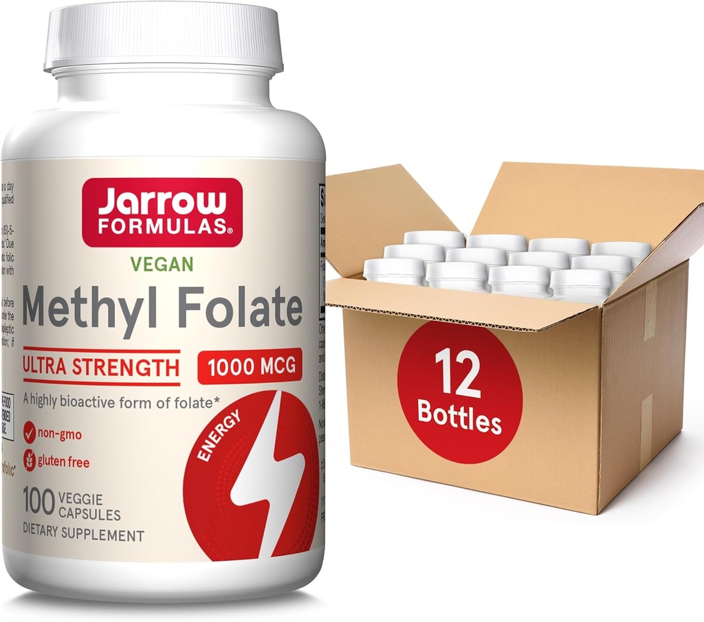 Jarrow Formulas Metil Folate 1000 mcg, Dietary Supplement, Metil Folate for Cellular Energy Support, 100 Veggie Capsule, 100 zile de aprovizionare, (Pachet de 12)
