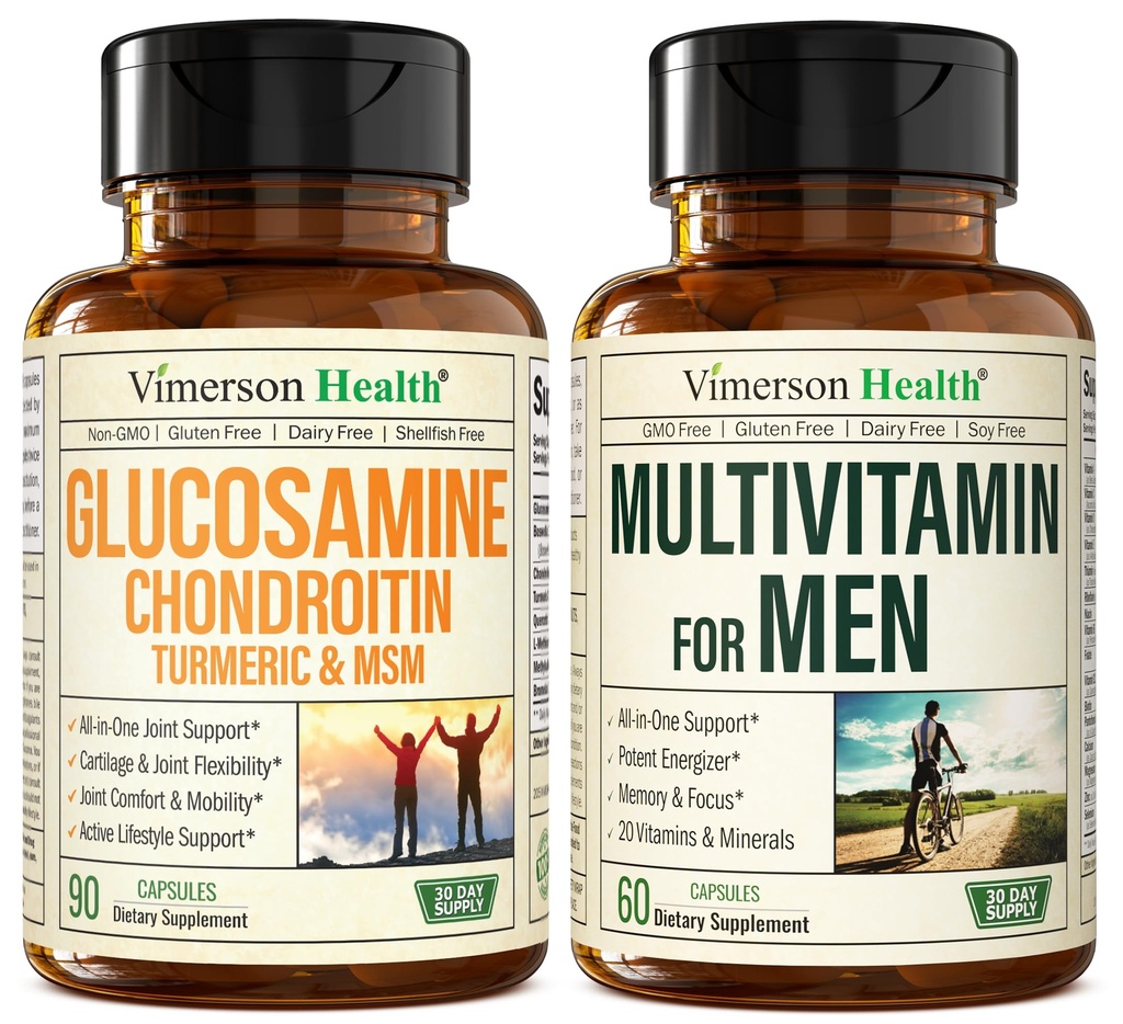 Glucosamină Chondroitin Turmeric MSM + Mens Multivitamine 2-Bottle Supplement Bundle pentru el. Sănătate comună, Răspuns inflamator, Suport imun, Proprietăți antioxidante