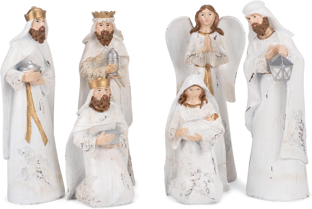 Transpac Deranjat alb și aur Ton 7.5 Inch Resin Naștere Figurine Set de 6