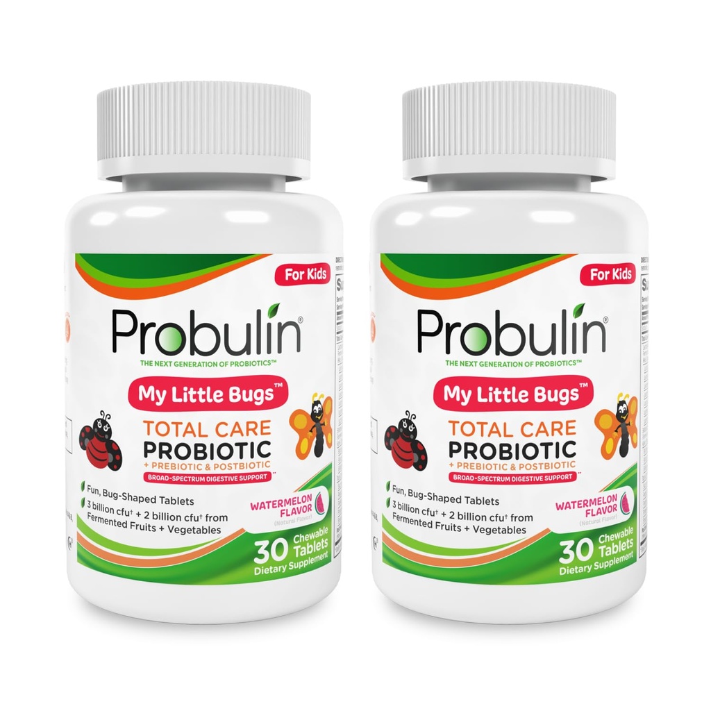 Probulin Total Care My Little Bugs Prebiotics, Probiotice și postbiotice - 5 miliarde CFU - 15 tulpini - 30 comprimate masticabile (Twin Pack)