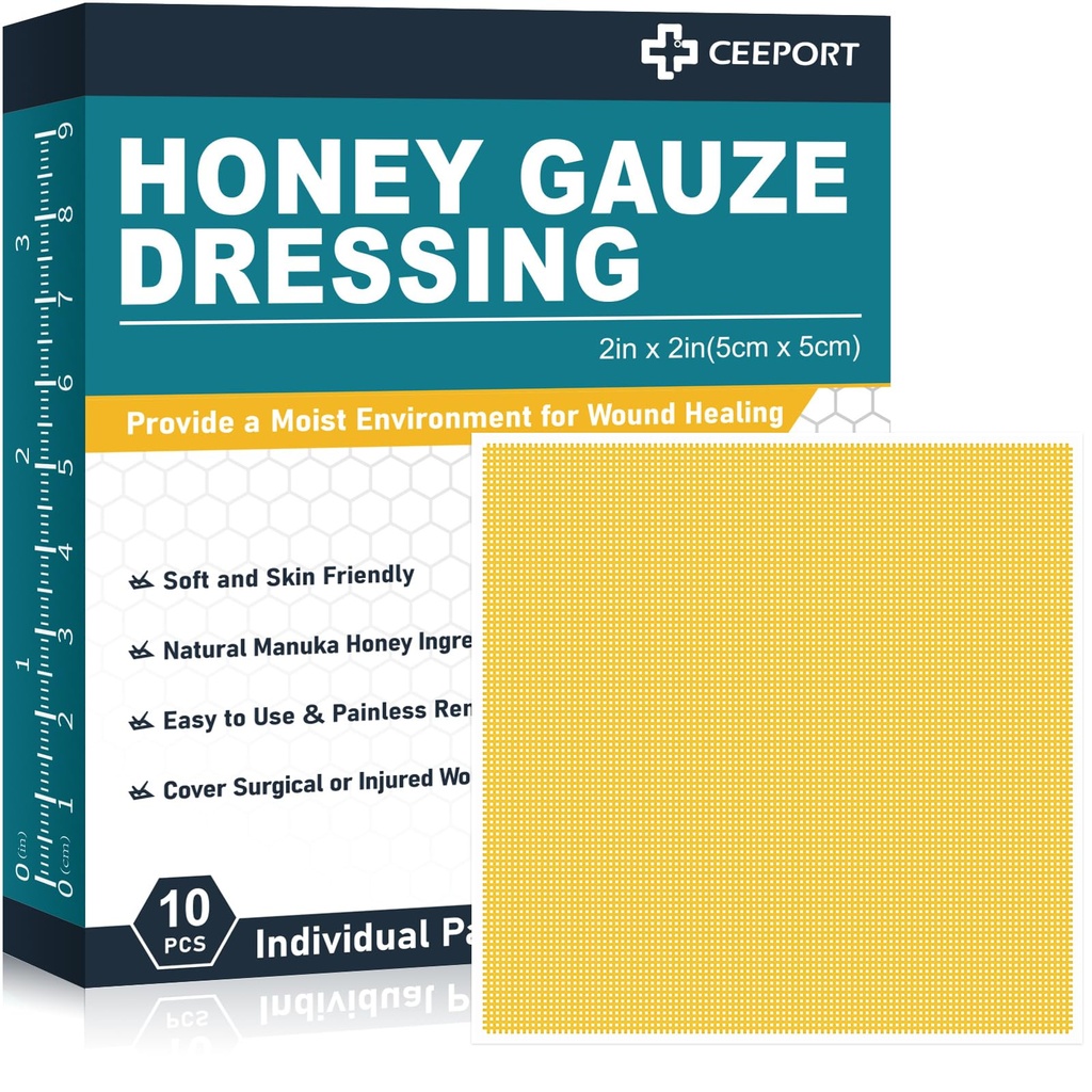 Manuka Honey Gauze Wound Dressing 2" x 2,10 Pack Manuka Honey Wound Care Pads, Medical Grade Honey Bandages for Wound Care, Honey Patch for Faster Healing from Burns, Abrazions, Cuts and Scalds