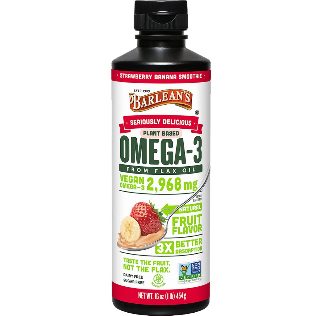 Barlean Vegan Omega 3 6 9 Flaxseed Oil Liquid Supplement, Strawberry Banana Smoothie, Seeds Oil cu 2,968 mg ALA Acid gras, Non-GMO și Gluten Free, 16 oz