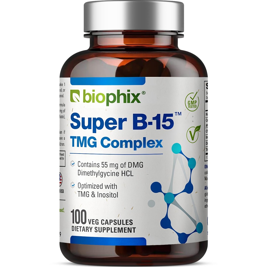 biophix Super B-15 100 Veggie Caps - Niacin Calciu Coline Inositol DMG TMG - Suportă niveluri sănătoase de energie oxigen