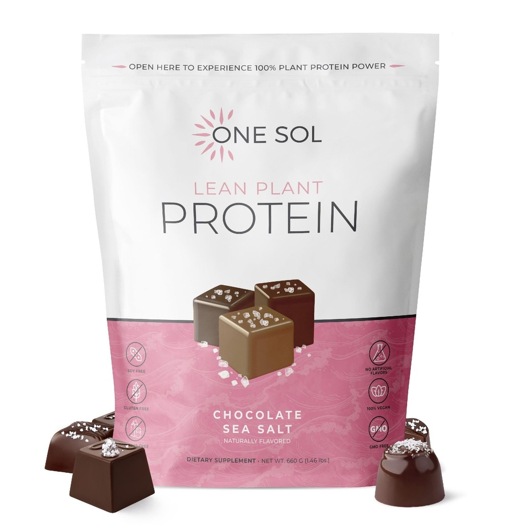 Un Sol Lean Pudră de proteine pe bază de plante, Pea & Brown Proteine de orez, Carb scăzut, Vegan Friendly - Gluten, Lactoză, & Soy Free - Fără adaos de zahăr, non-GMO, Nutriție curată, Nu Bloating (Sare de mare ciocolată)