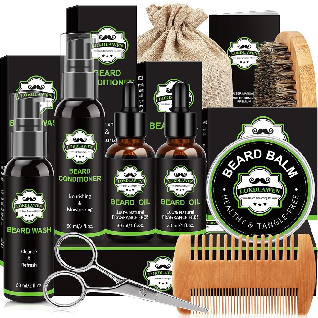 Kit barbă pentru bărbaţi cu bărbie spălat, balsam barbă, ulei de barbă, balsam barbă, perie, pieptene, foarfece, sac de depozitare, cadouri pentru bărbaţi tată soţ iubit