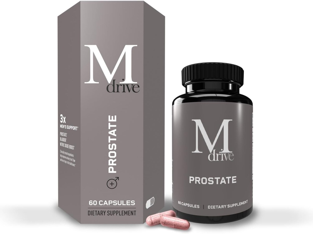 Mdrive Prostate Supplement de suport pentru sanatatea barbatilor, Promoveaza sanatatea tractului urinar, Sustine fluxul normal, frecventa si golirea vezicii urinare, Flowens Extract de afine, S7 N.O. Booster, 60 capsule