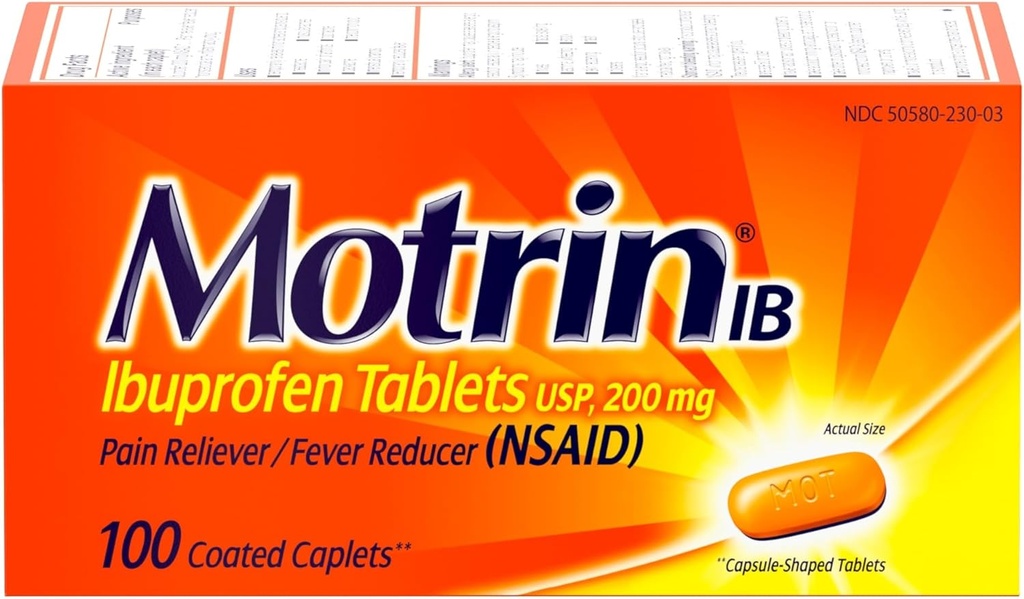 Motrin IB, Ibuprofen 200 mg comprimate, Relieiver durere & Febră Reductor pentru dureri musculare, dureri de cap, dureri de spate, Crampe menstruale şi dureri minore de artrită, AINS, 100 CT