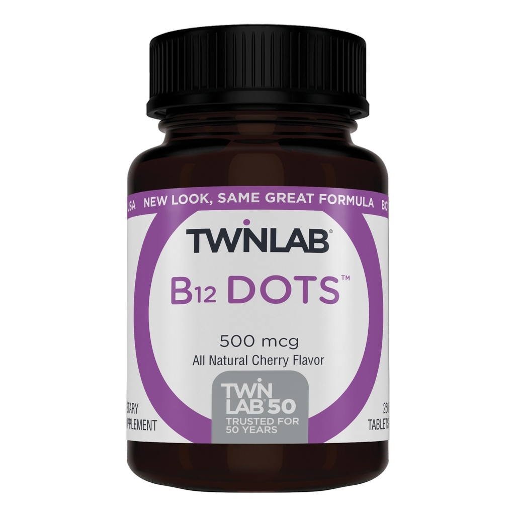 Twinlab B-12 Dots - Suplimente de suport pentru producerea energiei cu vitamina B12-500 mcg, 250 comprimate