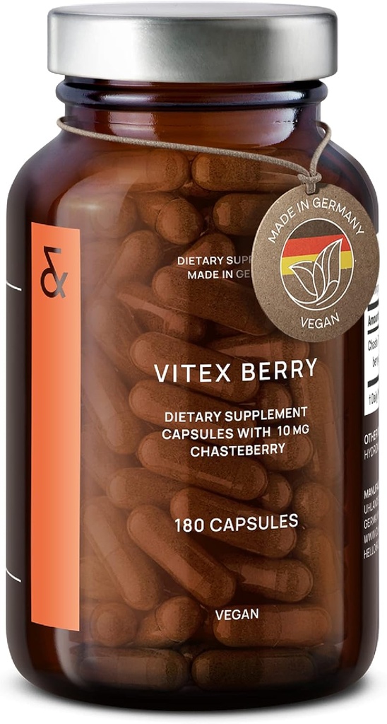 Vitex Berry - Premium Chasteberry 4:1 Extract (Vitex Agnus Castus) - Menopauza si suport PMS - Balanta hormonala pentru femei - 180 capsule - 6 luni de aprovizionare - Made in Germania