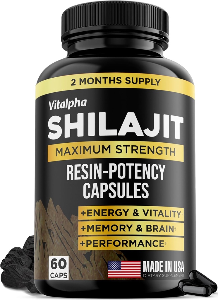 Resin-Potency Shilaj Capsule (50% Acid fuzelian) - 500 mg Extract Max Potency - Shilaj organic - Made in USA - 85+ Trace Minerale - Aprovizionare lunară - 60 Conte