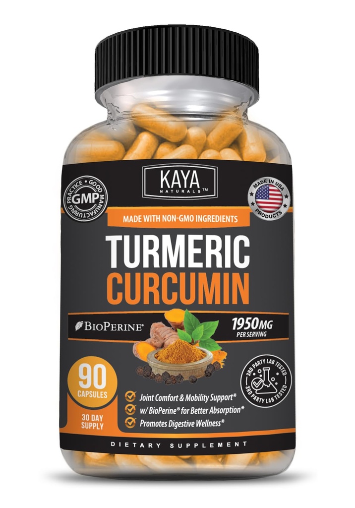 Kaya Naturals Platinum Turmeric, 60 capsule conte, Bioperine, Suport Premium cu 95% Curcuminoide standardizate - 60 capsule