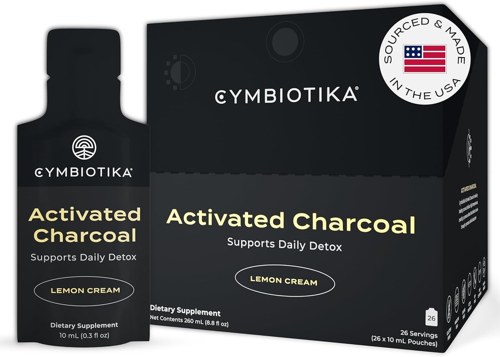 CYMBIOTIKA actived Charcoal lichid Pachete suplimentare din nuci de cocos pentru Bloating, Gut Health & Digestive Support, Helps Detox, Vitamina E, Lemon Cream Flavor, Vegan, 26 Pack