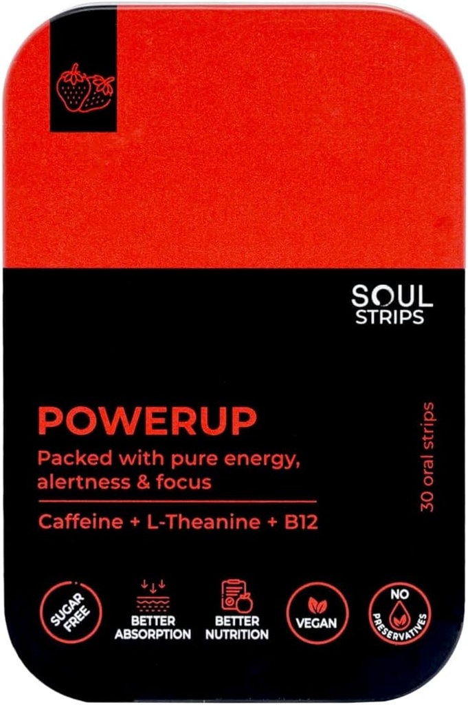 Suflete Stripuri putere sus - antrenament + energie benzi orale cu cofeina, L-Theanină, vitamina B12, aroma de căpșuni, Îmbunătățește metabolismul, Absorb rapid, Utilizare zilnică, Zero zahăr, Vegan, 30 Strips Pack