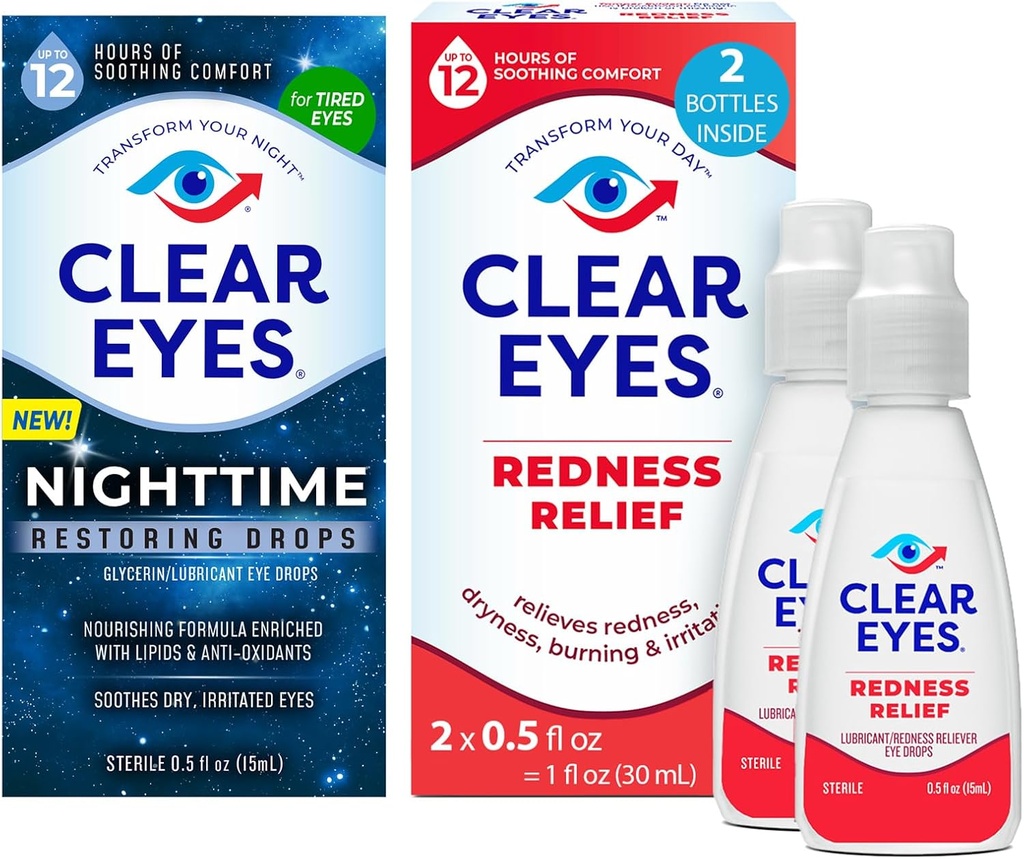 Bundle of Clear Eyes Nighttime Restaurarea ochilor picături, Relief Nighttime Dry ochi picături, 0.5 Fl Oz + Clear Eyes Redness Relief ochi picături, 0.5 oz, Dual Pack