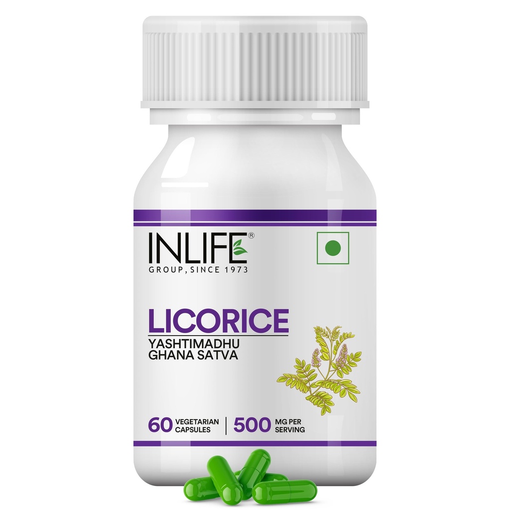 INLIFE Extract de rădăcină de lemn dulce (Yasthimadhu) Standardizat la >20% supliment de acid glicirizinic, 500 mg - 60 capsule vegetariene