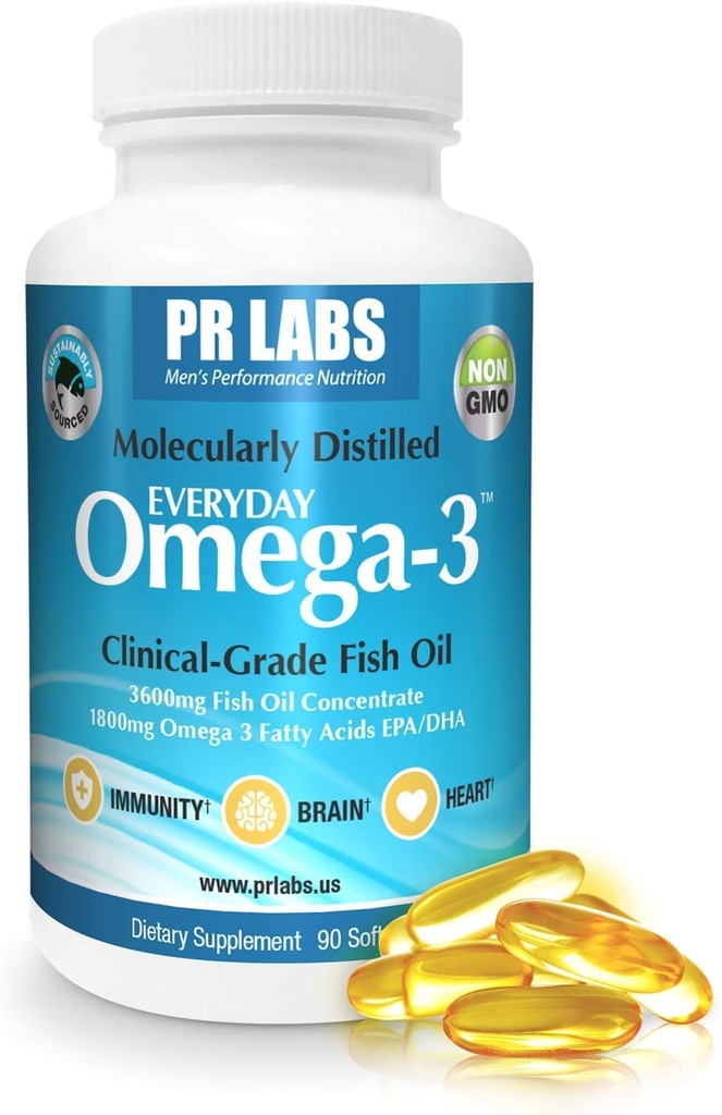 PR Labs - Omega-3 supliment de ulei de pește de grad clinic pentru bărbați - Promovează inima, creier, imun și sprijin comun - Sustenabil surse și molecular distilat - 1800mg EPA și DHA - 1 ambalaj