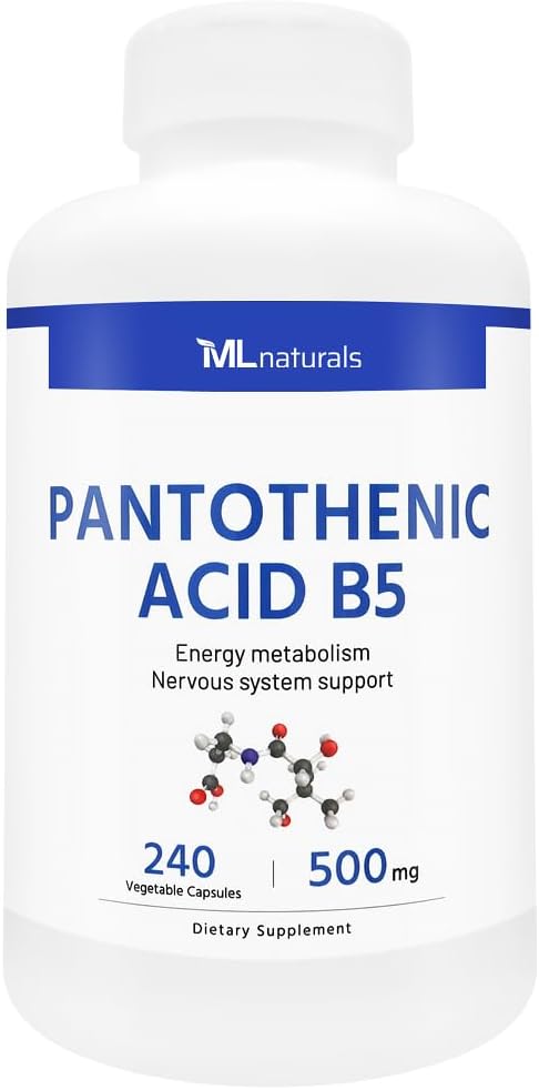 ML Naturals Acid pantotenic B5 240 Capsule vegetale. Metabolizare energetică, suport al sistemului nervos, NSF- CGMP- Compliant