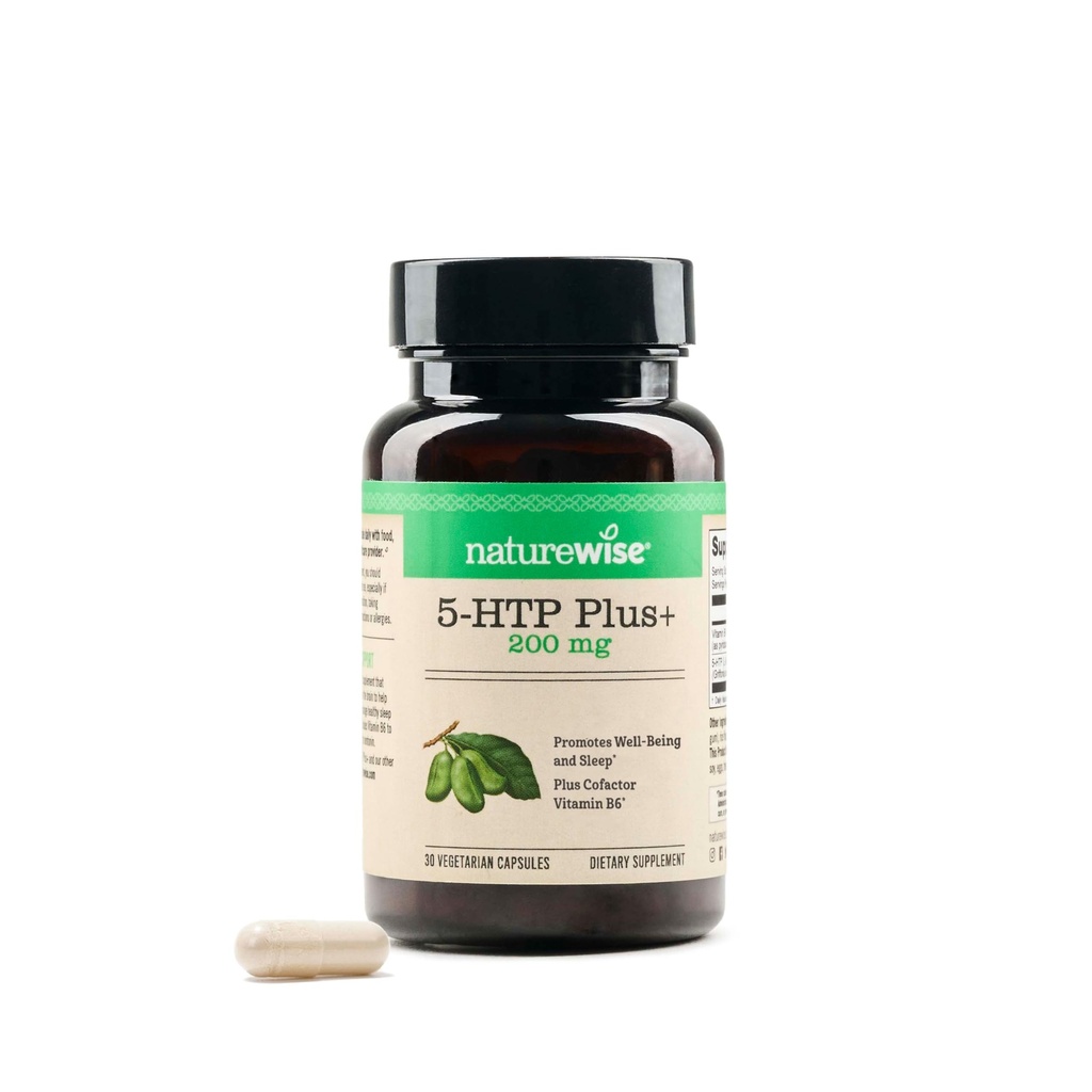 NatureWise 5-HTP 200mg Supliment din Griffonia Seminte cu Cofactor Vitamina B6 - Suport pentru starea de spirit și ajutor pentru somn natural pentru adulți - Întârziere-Release, Vegan - 30 Conte!