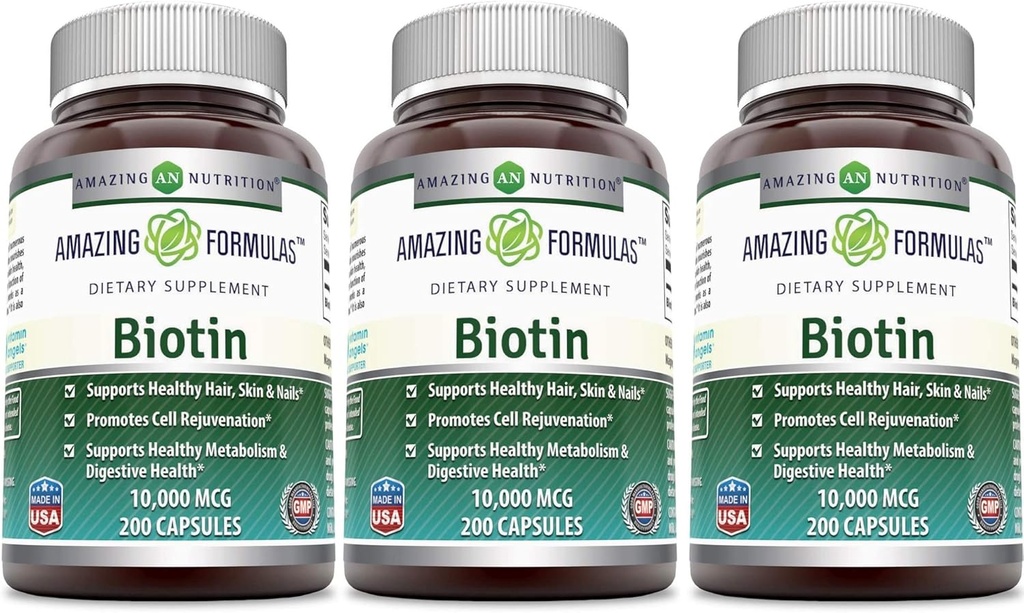 Amazing Nutrition Biotin 10000 Mcg Supliment alimentar, 200 capsule (200 capsule (Pachet de 3))