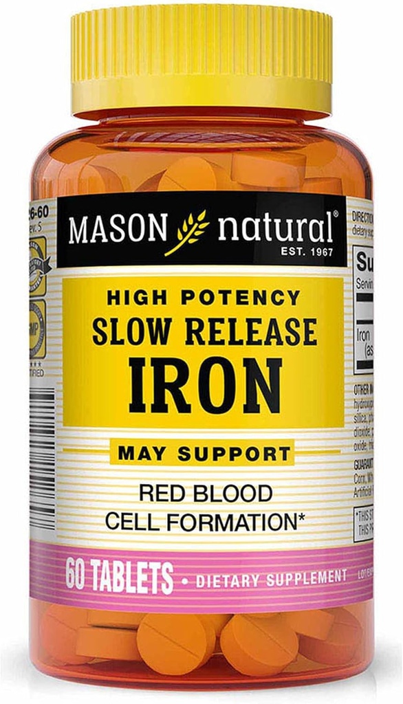 Mason natural lent de eliberare de fier, comparativ cu ingrediente active în Fe lent, 60 comprimate
