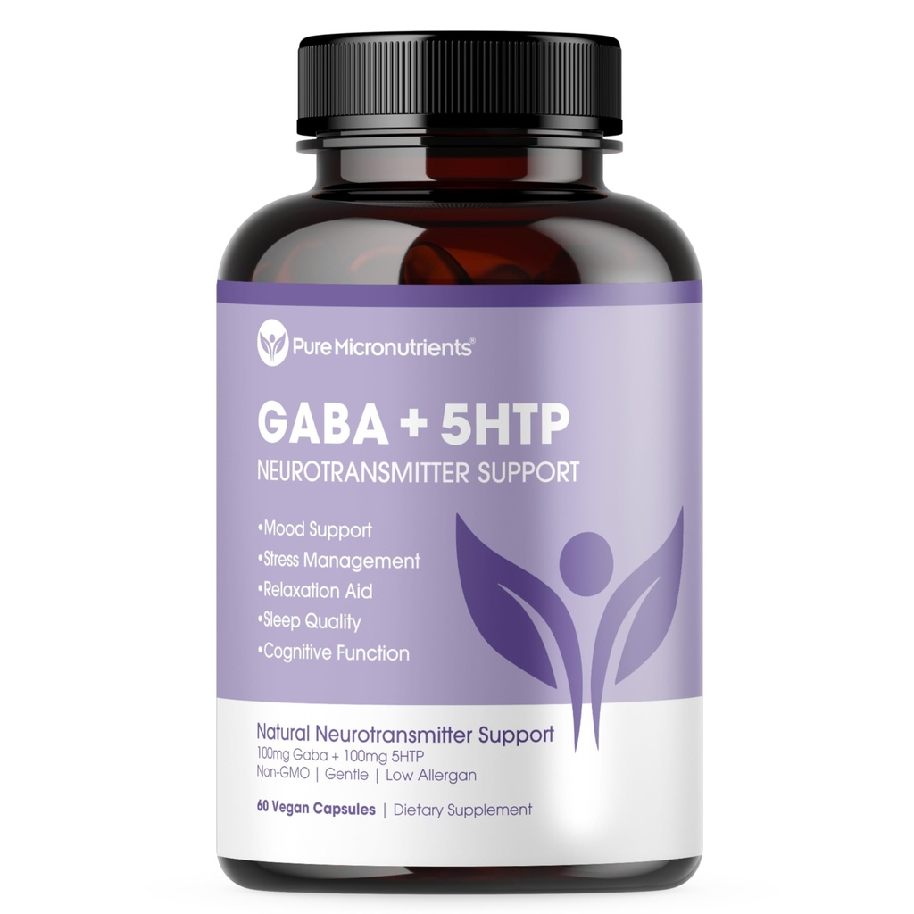 Pure 5-HTP (5-Hidroxitriptofan) Plus Supliment GABA - pentru somn, managementul stării de spirit și stres - 60 Capace vegetale
