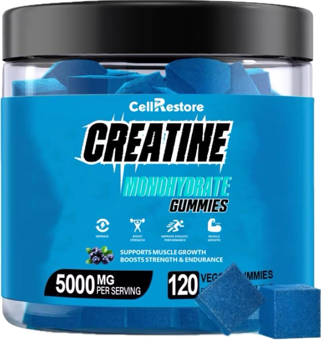 Creatine Monohidrat Gummies pentru bărbaţi şi femei 5g de Creatină Monohidrat per Serving- Ajutor pentru creşterea forţei şi construi musculare,Sugar gratuit,Vegan,Blueberry Flavor, 120 Conte