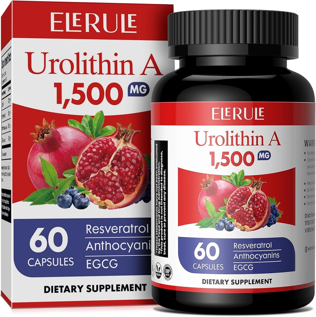 Urolitina Un supliment de 1000 mg Plus Trans-Resveratrol, Anthocianine, Ceai verde, Promovarea imbatranire sanatoasa, Suporturi celulare si energie pentru barbati si femei, 60 capsule