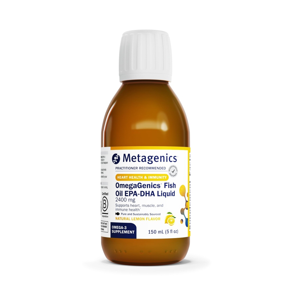 Metagenics OmegaGenics EPA-DHA 2400 mg - supliment de ulei de pește lichid de mare potențial pentru Heart Health & Immune Support* - Sustainable Soursed - Lemon Flavor - Non-GMO & Gluten-Free - 30 Servings