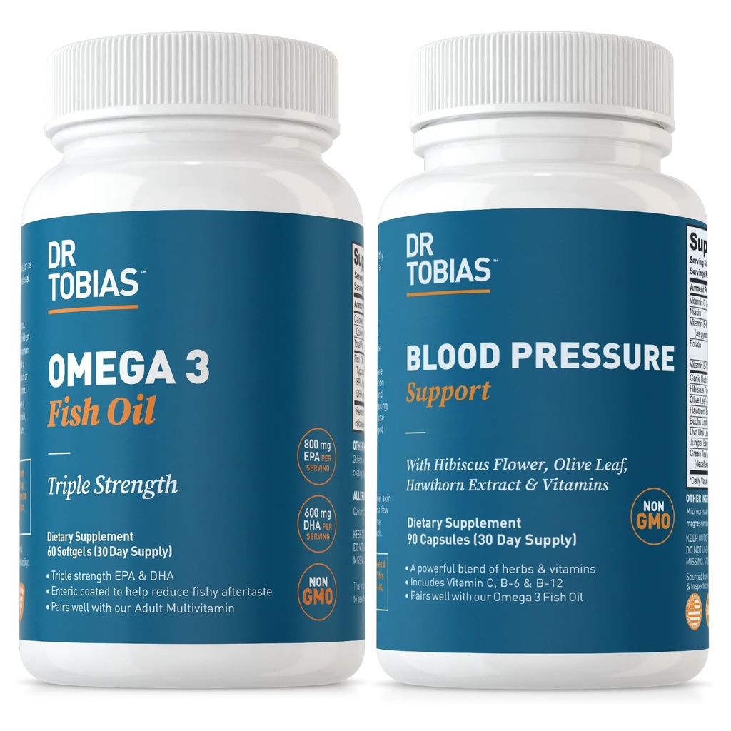 Dr. Tobias Omega 3 Suplimente de ulei de pește și suport de tensiune sanguină pentru inimă, creier, imun, sănătate circulatorie, cu vitamina C, B6, B12, Niacin, Folate & Herbs
