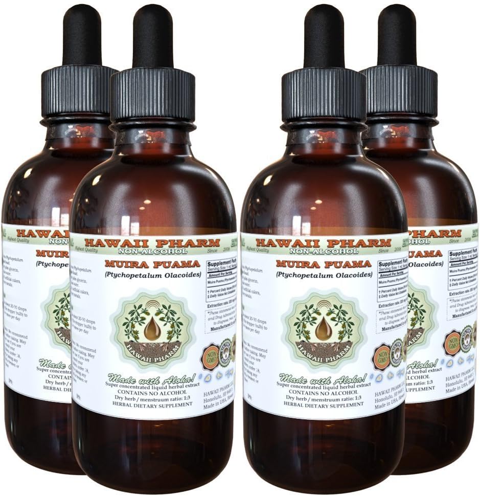 Muira Puama Lichid fără alcool Extract, Organic Muira Puama (Pychopetalum Olacoides) Glycerite Herbal Supliment natural, Hawaii Pharm, Statele Unite ale Americii 4x4 oz