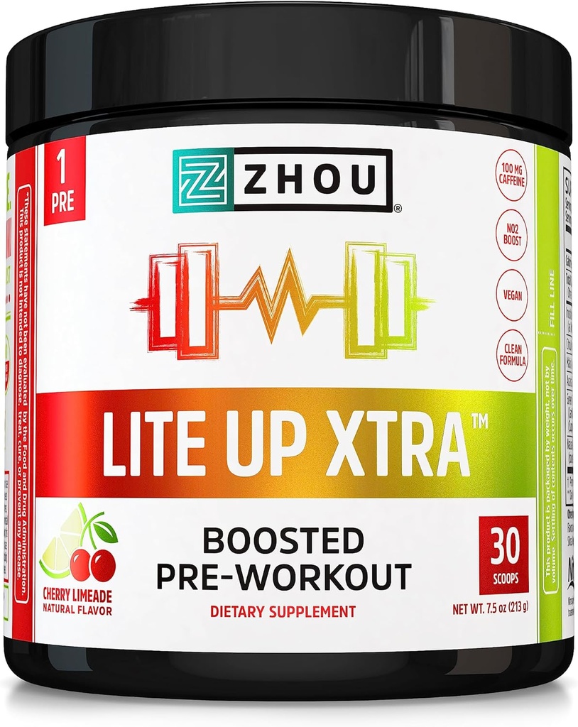 Zhou Lite Up Xtra - Zahar Free Pre Workout Pulbere pentru femei și bărbați, Preworkout Supliment cu Cafeina pentru Energie Clean, Amino Acid Support, Hydrate & Focus, Plant based - 30 Scoops