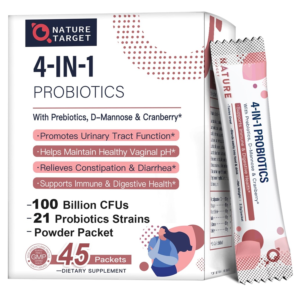 Natura Probiotics-for-Women Prebiotics-and-Probiotics-Powder, 100-Billion-FUs 45-Day-Supply, Women-Probiotic cu D-Mannose și Cranberry pentru tract urinar/Gut/Digestive Health