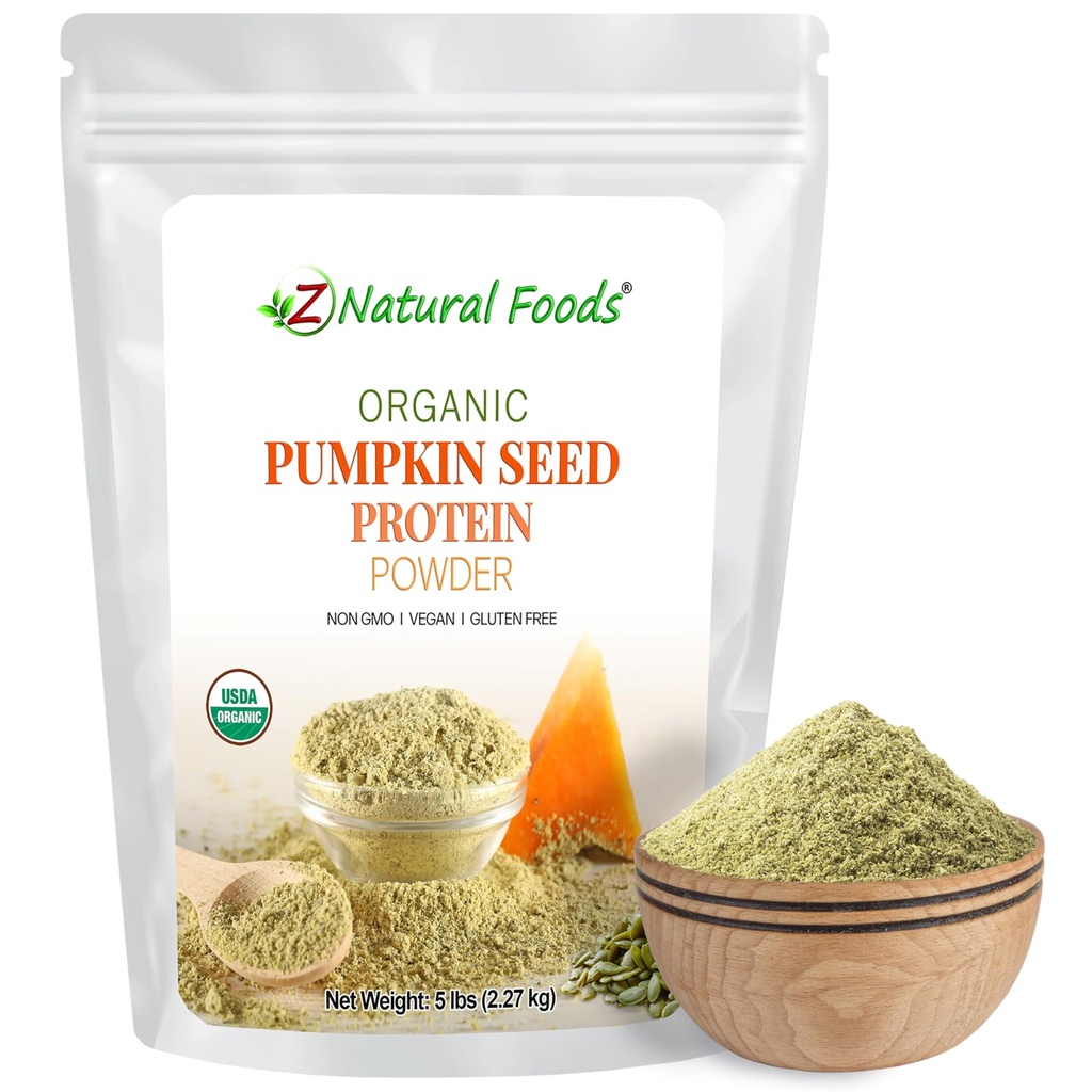 Z Natural Foods Organic Dovleac Seed Proteine Powder - Nutrient-Dense Fiber Supplement, Vegan Pumpkin Pudra Proteina pentru Pielea de par Sanatate musculara - Ideal pentru Smoothies Shake Cooking Recipes, 5 lbs