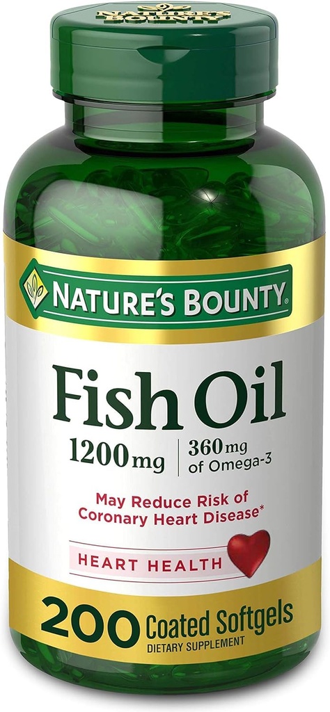 Ulei FIsh de Bounty naturii, Supliment alimentar, Omega 3. Sprijină sănătatea inimii, 1200 Mg, 200 Rapid de eliberare Softgels