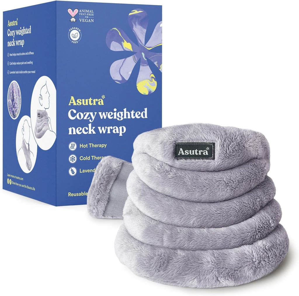 ASUTRA Weighted Neck Wrap, Plush Gray - Hands-Free Microwaveable Heating Pad pentru gât și umăr, cald și rece Compress, Lavender Aromaterapia