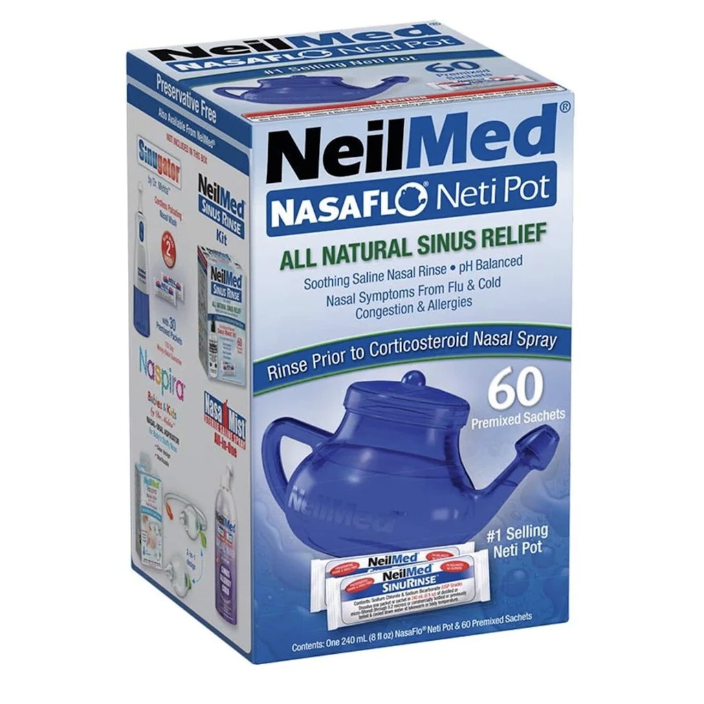 Neilmed NasaFlo Unbreakable Neti Pot cu 60 Pachete premixate