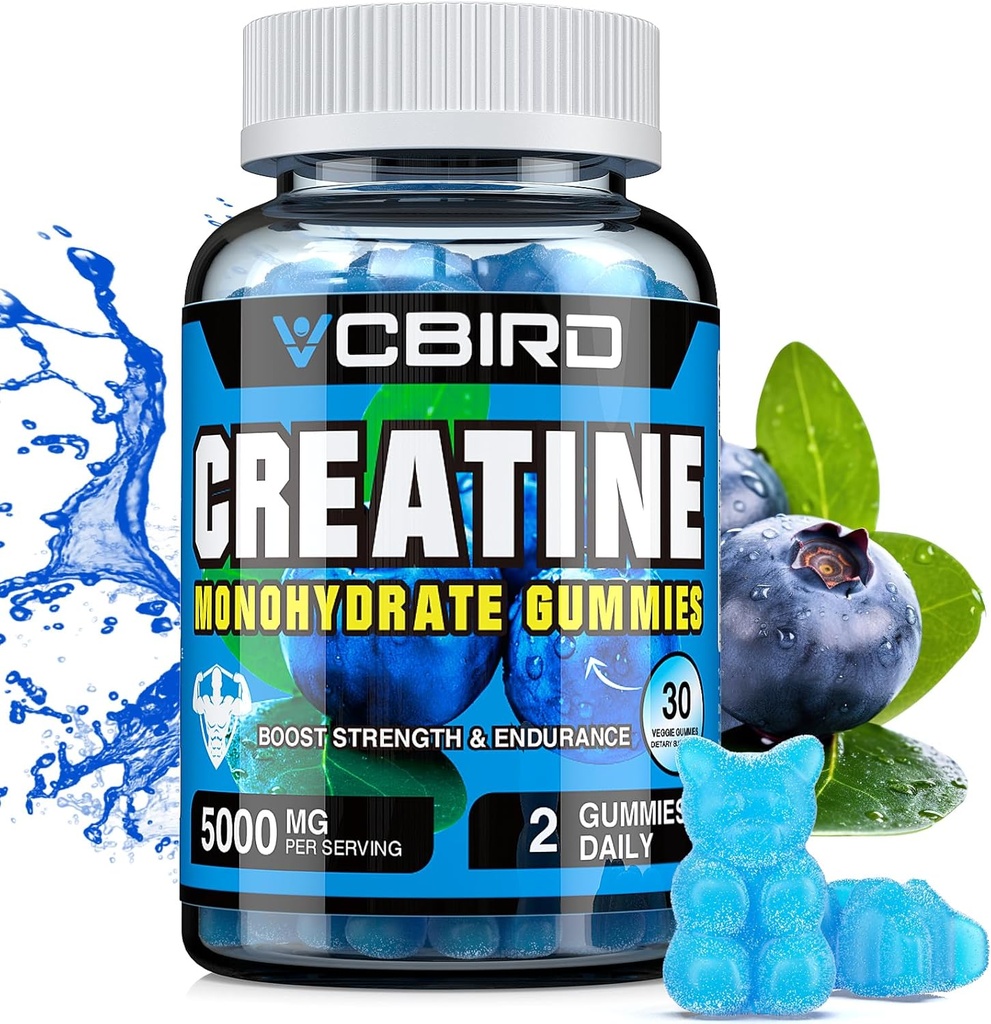 Creatină Monohidrat 5g per servire, Nu Sugar Creatine Suplimente Suport pentru Putere, Performanță, Energie, Recuperare, Creatură fără gluten pentru femei și bărbați, Aroma de afine (30 Gummies121)