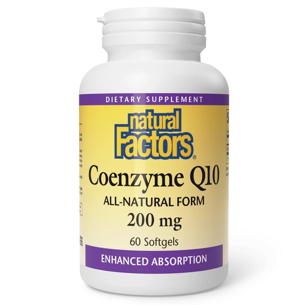 Factori naturali Coenzime Q10 - Suplimentul de suport antioxidant susține producția de energie celulară - o mai bună absorbție ajută funcția cardiacă sănătoasă - 200 mg, 60 Softgels (60 Servings)