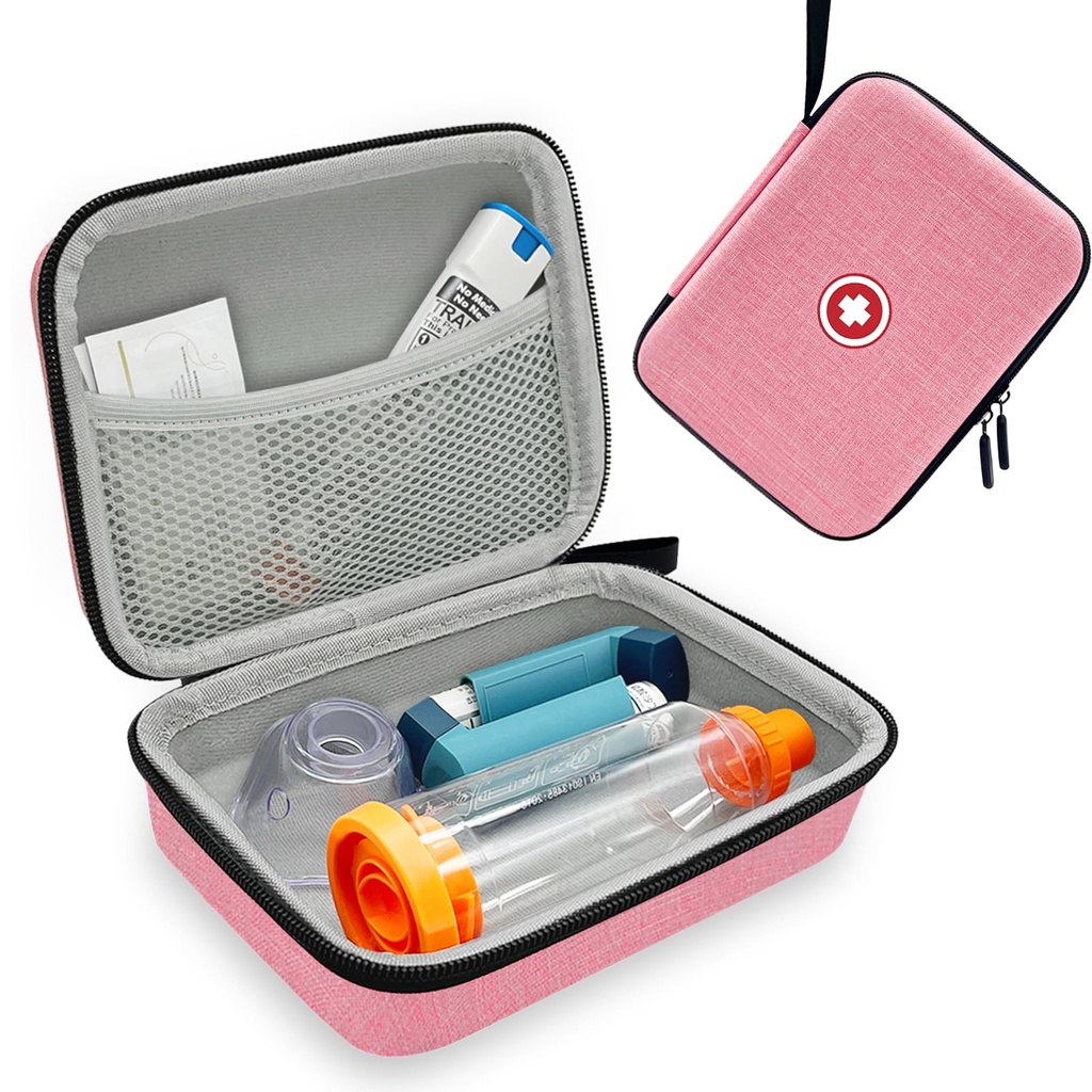 Inhalator Hard Spacer Case pentru copii și adulți, Caz de inhalator Astm cu Mesh Pocket pentru Medicină și Alte Accesorii, Roz (Doar Bag)