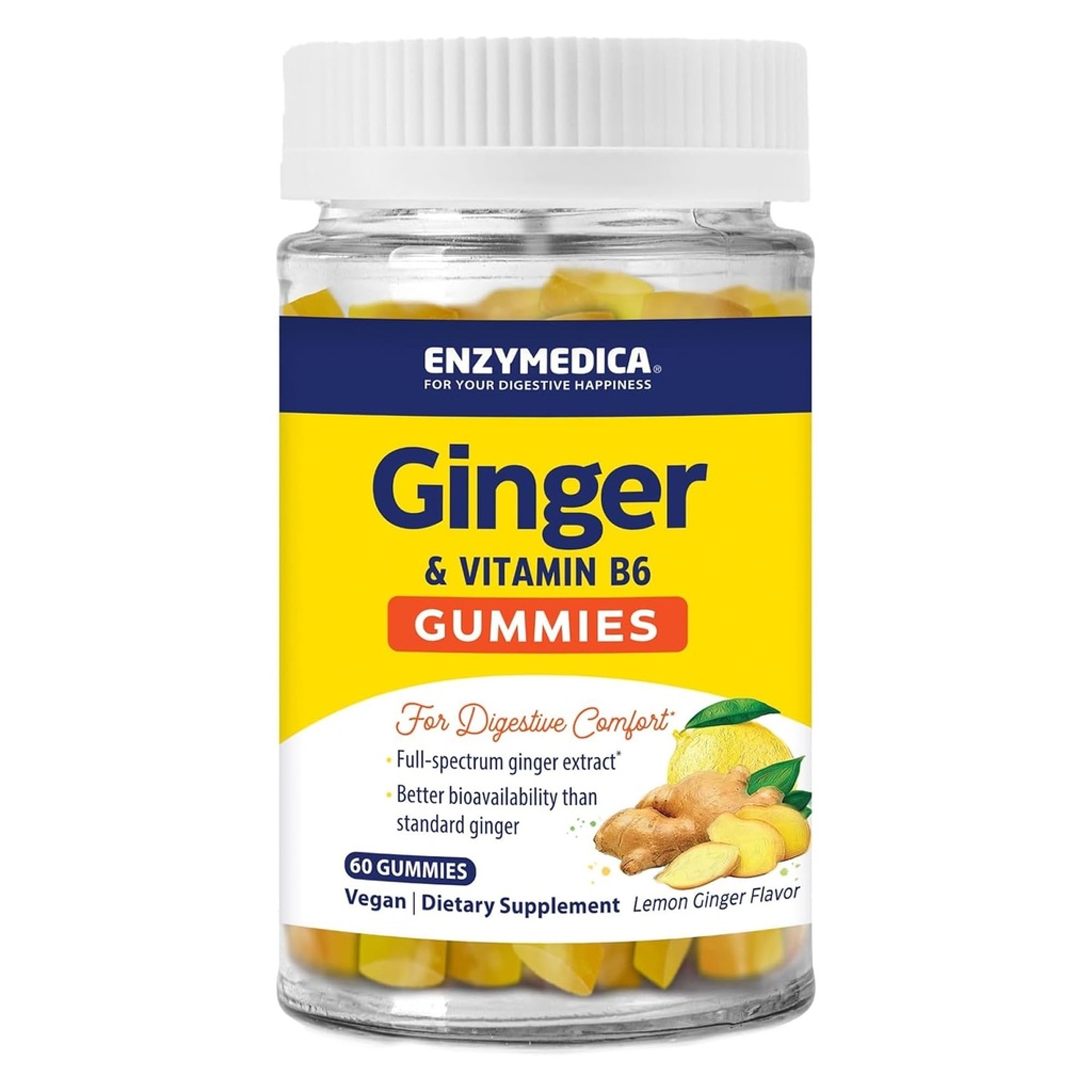 Enzymedica, Ginger & Vitamina B6 Gummies, Suport pentru Greață și Indigestie Ocazional, Potență ridicată, Echivalent la 200 mg extract de ghimbir, 60 Conte
