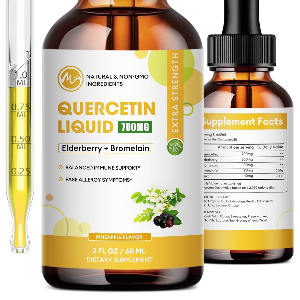 Quercetin picături lichide - Querbetin Suplimente 700mg - 4X mai puternic decât pastile & Capsule - 5 din 1 Querbetin cu Bromelain Elderberry Vitamina pentru Imunitate Sănătatea Respiratorie Ingrijirea pielii- 2 Fl Oz