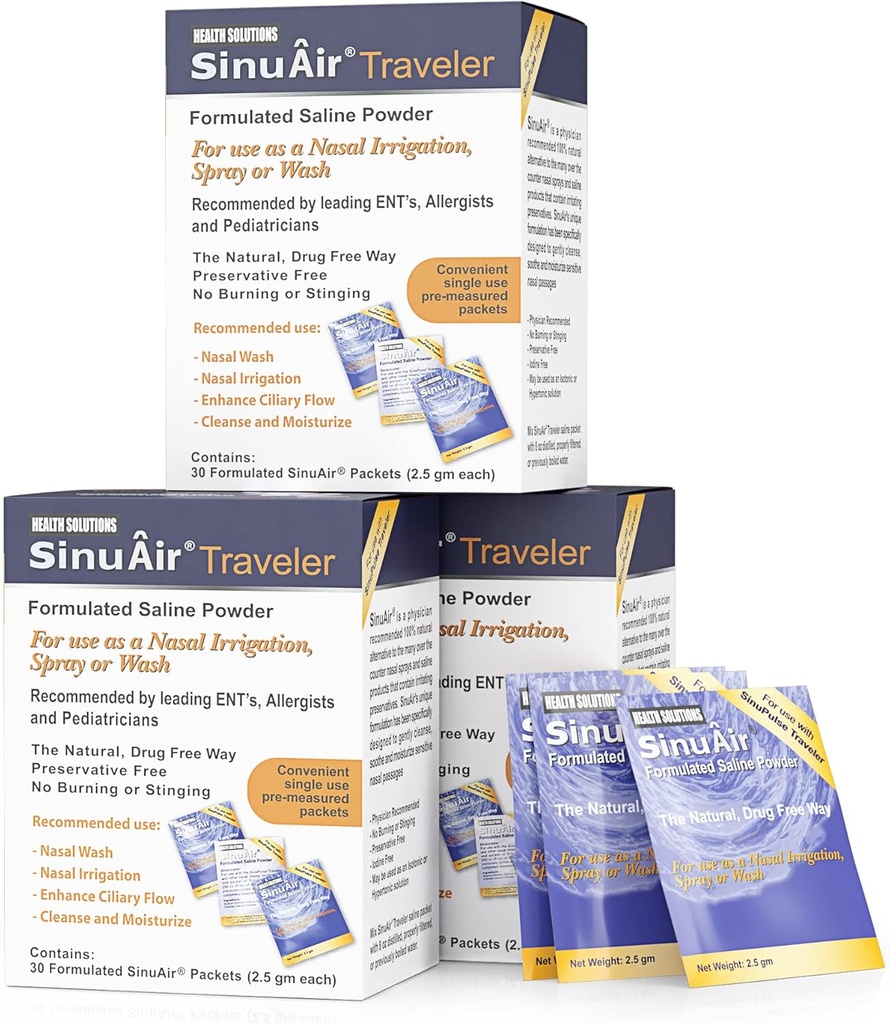 SinuAir 2.5 Gram Saline Pachete - Clorura de sodiu cu potasiu & Calciu, soluţie de sare Pachete de umplere cu pulbere pentru maşină de irigare nazală, 90 Pachete