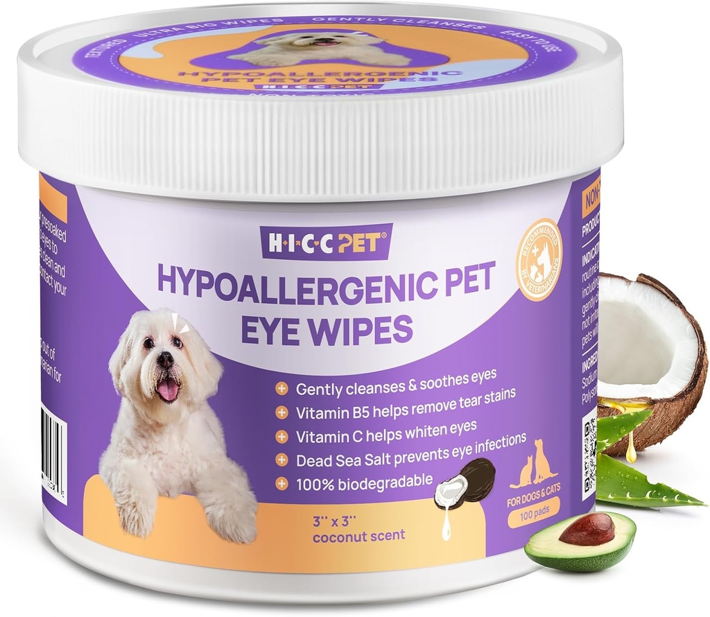 HICC PET Ochi pentru câini și pisici, Vet-recomandat Dog Tratamentul infecției cu ochi, Îndepărtați ușor Tear Stain, Debris, Descărcare - Ipoallergenic Pet Oye Spălător pentru ochi, Riduri, Face - 100 buc