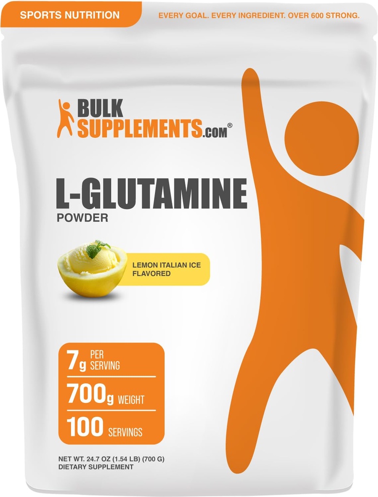 BulkSupplements.com L-Glutamine Powder - Glutamina Supliment, Amino Acid Supliment - Lemon Italian Ice Flavor, 7g per Serving, 700g (1,5 lbs) (Pachet de 1)