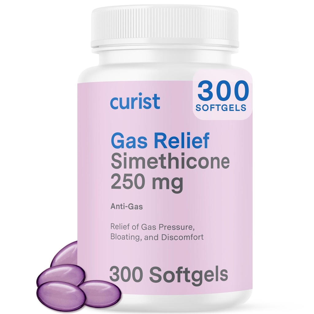 Curist Gas Relief Simethicone 250 mg Softgels (300 Count) - Digestive Relief, Blooting Relief & Anti Flatulență Pastile de gaz pentru adulți ajută gaz și balotare Relief (300 de geluri moi)