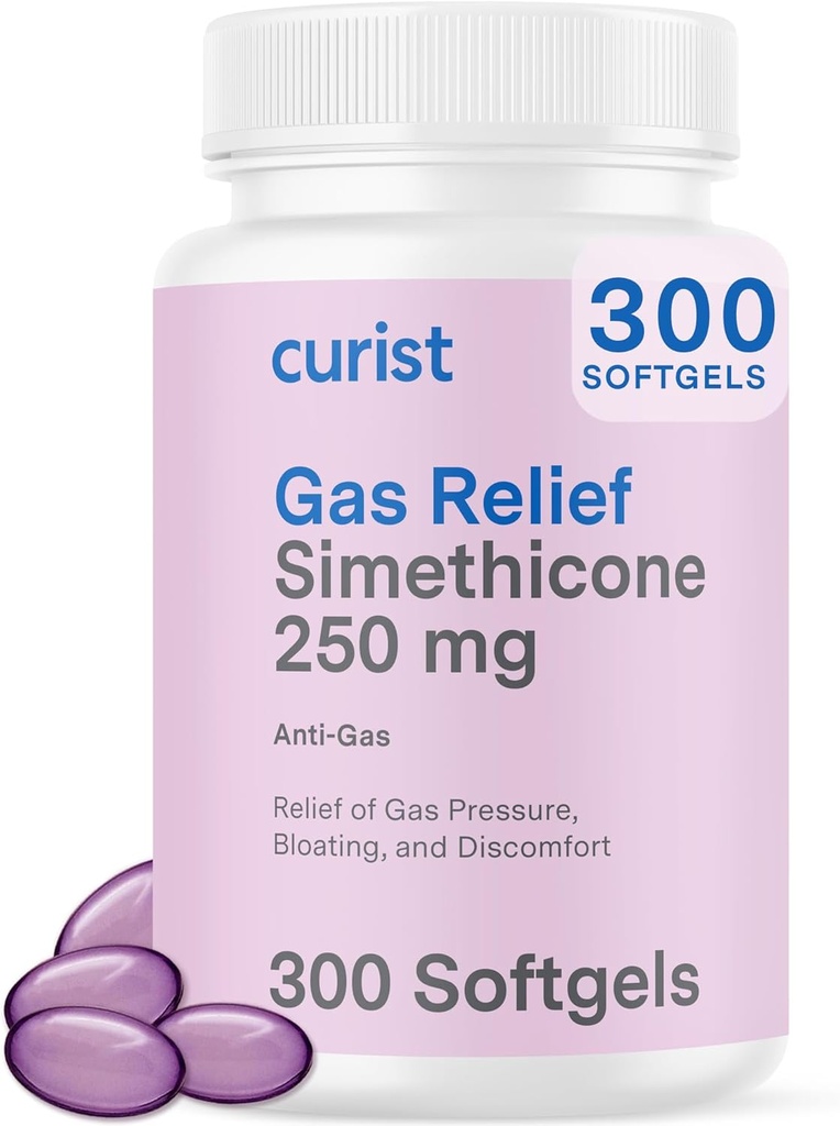 Curist Gas Relief Simethicone 250 mg Softgels (300 Count) - Digestive Relief, Blooting Relief & Anti Flatulență Pastile de gaz pentru adulți ajută gaz și balotare Relief (300 de geluri moi)