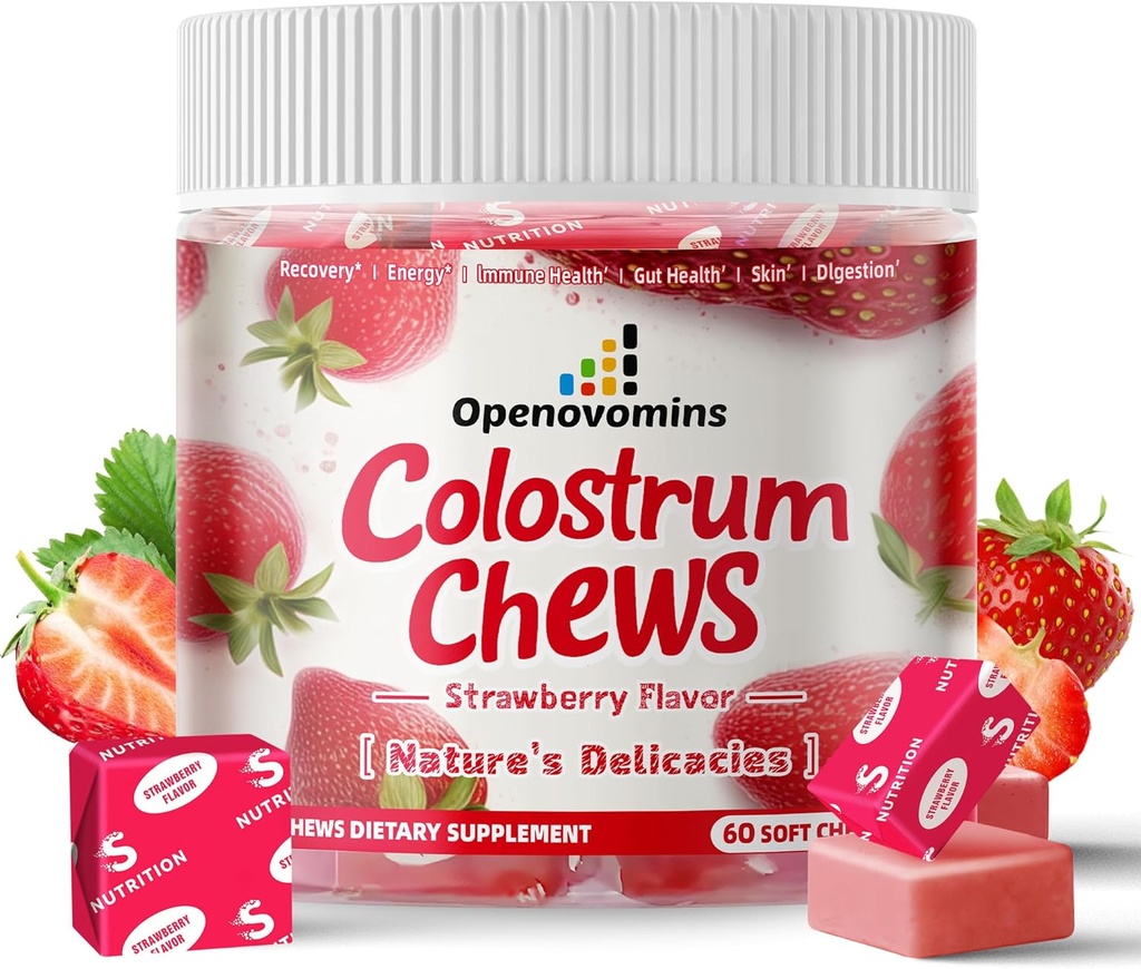 Bovine Colostrum Soft Chews Supliment cu probiotice pentru sanatate gutoasa, Blooting, Suport Imun, Piele, Cresterea parului si frumusete - Aroma de capsuni (60 Serviri)