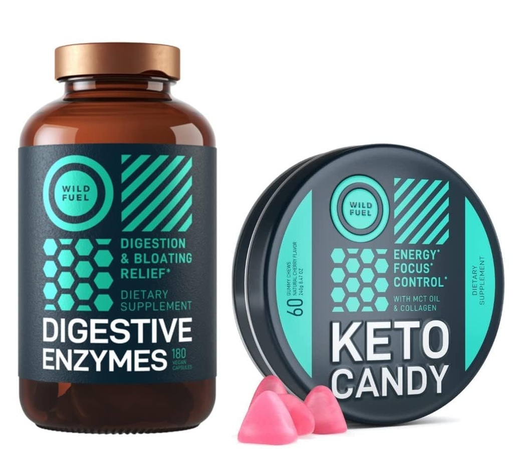 WILD Fuel Keto Candy cu ulei MCT și colagen și enzime digestive cu Bundle probiotic și prebiotic