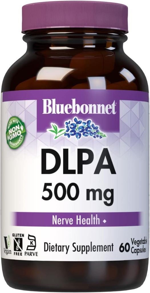 Bluebonnet Nutrition DLPA (DL-Fenilalanină) 500 mg, Free-Form Amino Acid, for Nervos System Support, Soy-Free, Gluten-GMO, Kosher, Vegan, 60 Capsule vegetale